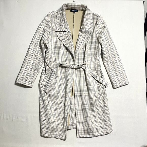 Alice Blue Plaid Trench Coat Duster Jacket Lightweight Belted Tan - Size L‎ - Picture 2 of 7